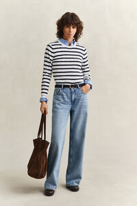 Gestreifter Zopfstrick Rundhalspullover