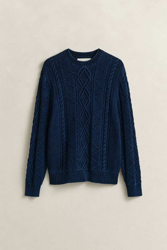 Zopfstrick Pullover aus Indigo-Baumwolle