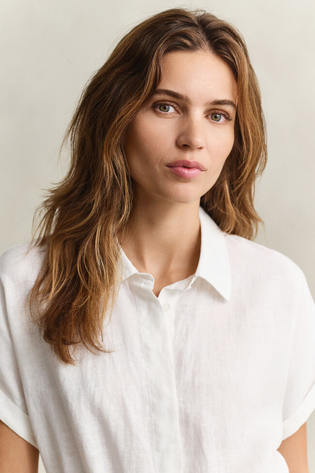 Hemdblusenkleid aus Leinen mit Fl&uuml;gel&auml;rmeln