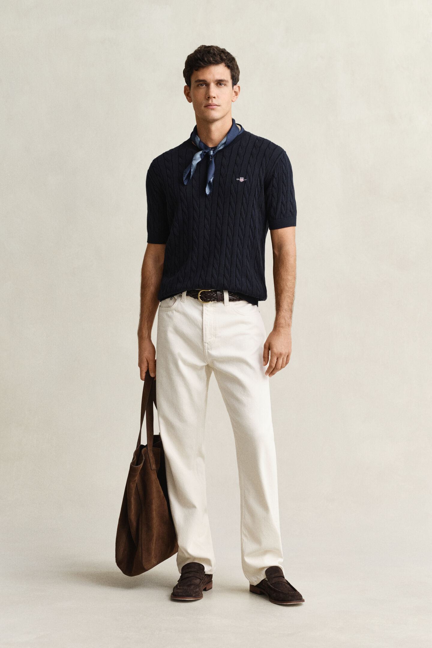 Zopfstrick Kurzarmpullover aus Baumwolle