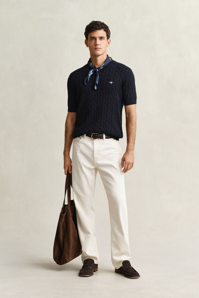 Zopfstrick Kurzarmpullover aus Baumwolle