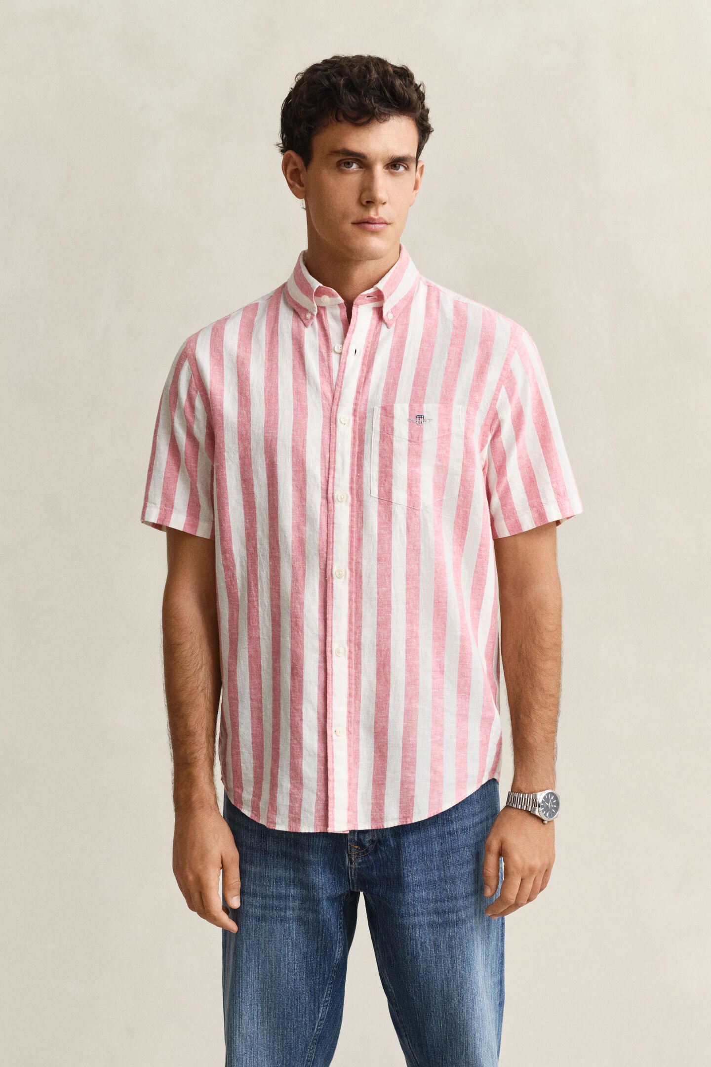 Gestreiftes Kurzarm-Hemd aus Leinenmix