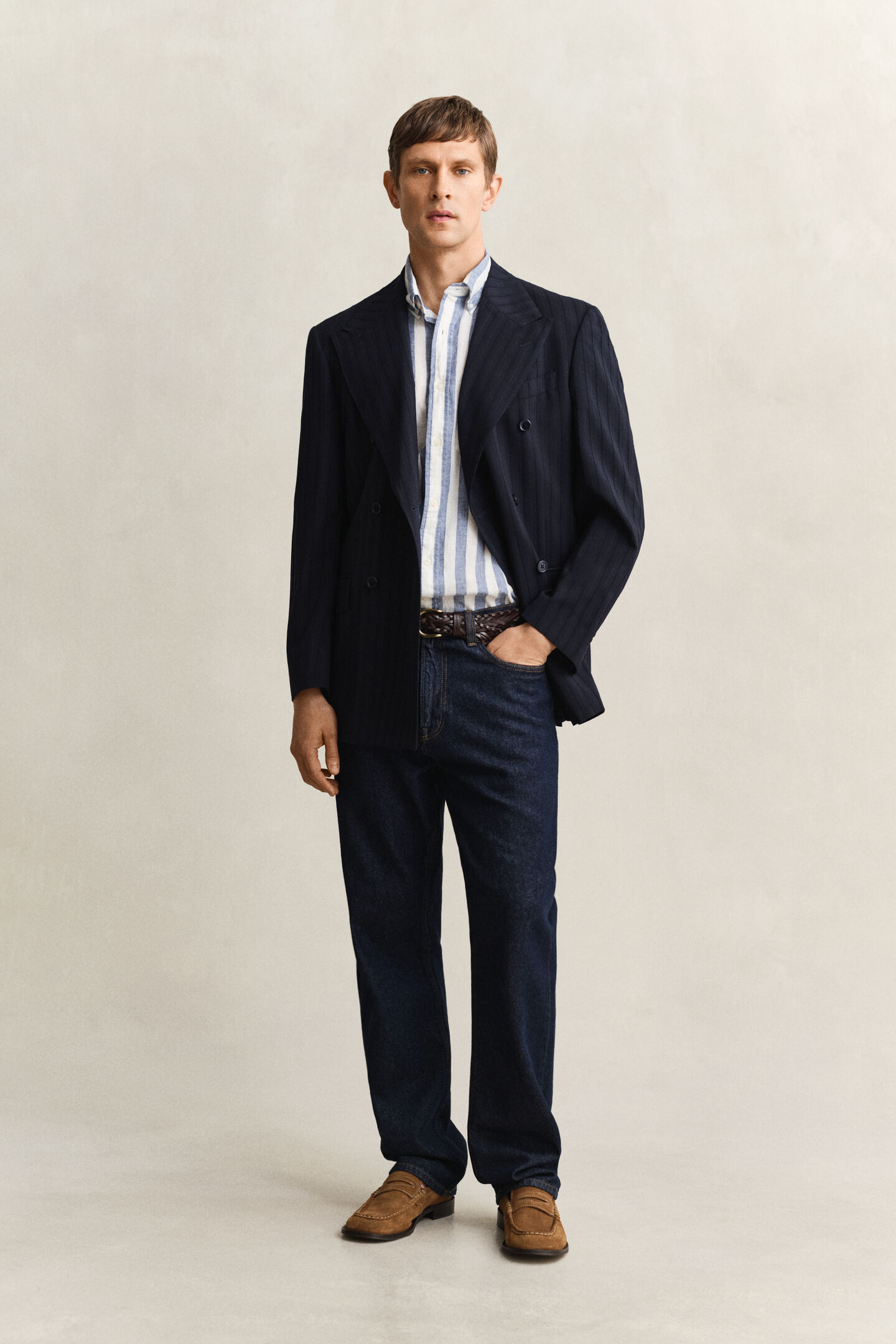 Gestreiftes Kurzarm-Hemd aus Leinenmix