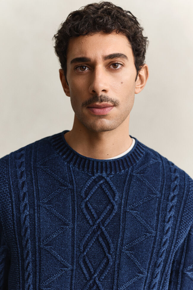 Zopfstrick Pullover aus Indigo-Baumwolle