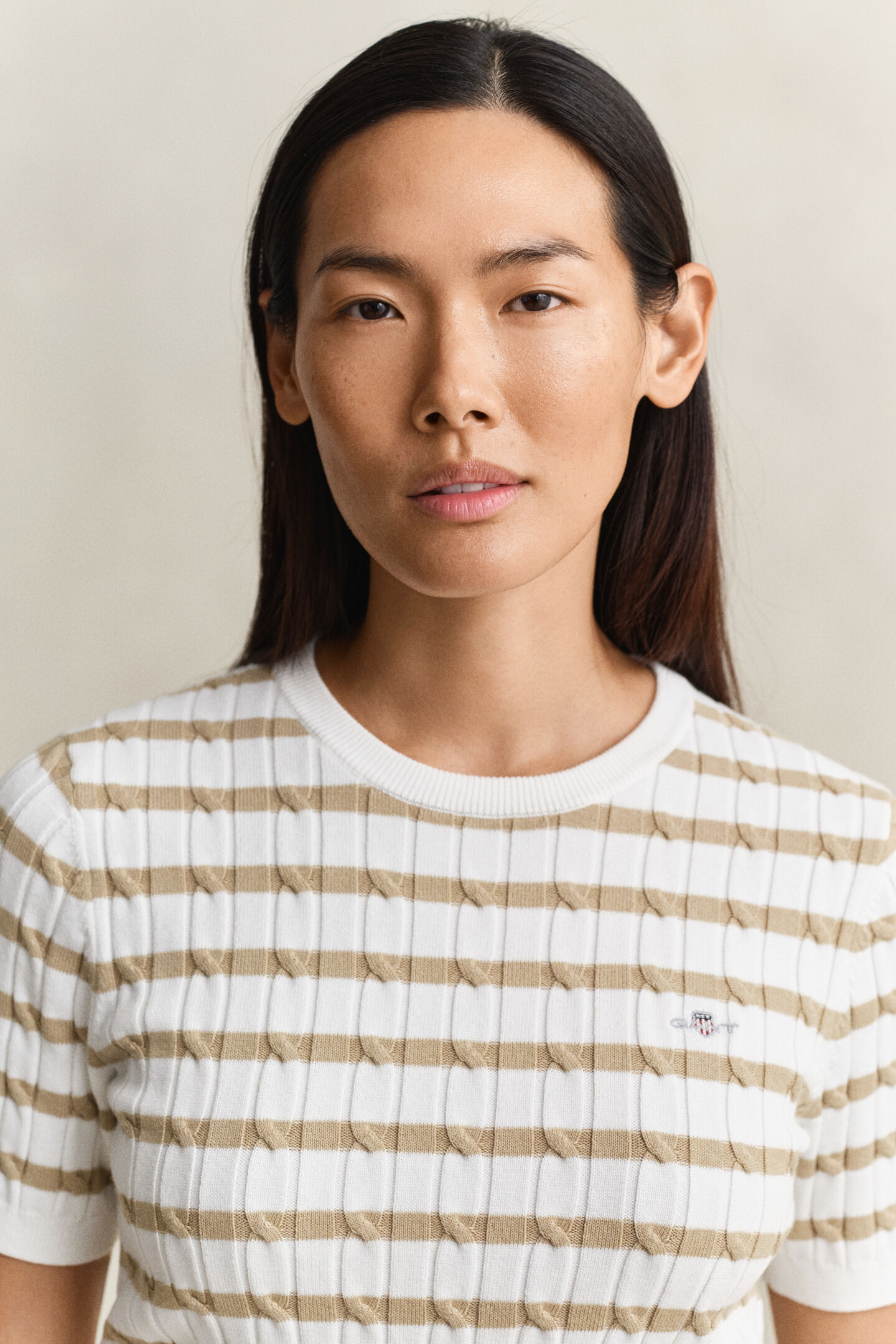 Gestreifter Zopfstrick Kurzarmpullover