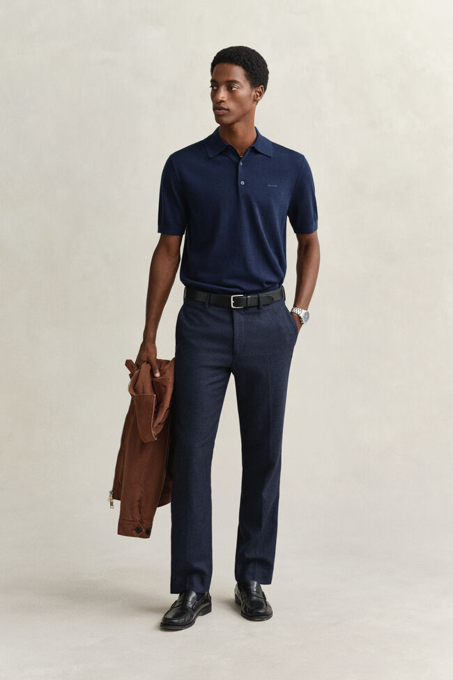 Kurz&auml;rmeliger Polopullover aus extrafeiner Merinowolle